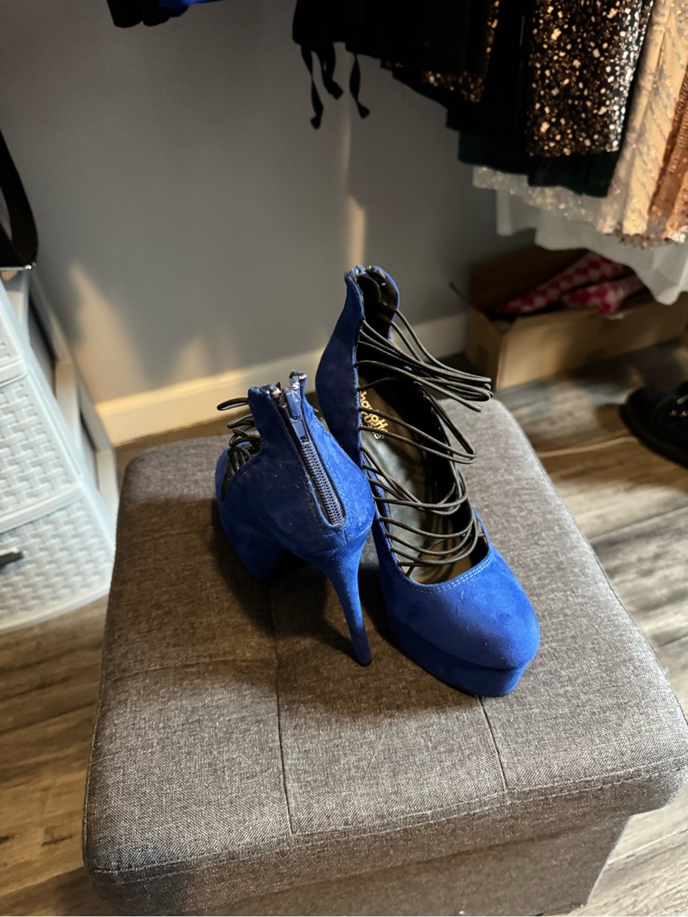 Blue Suede Lace-Up High Heel Pumps